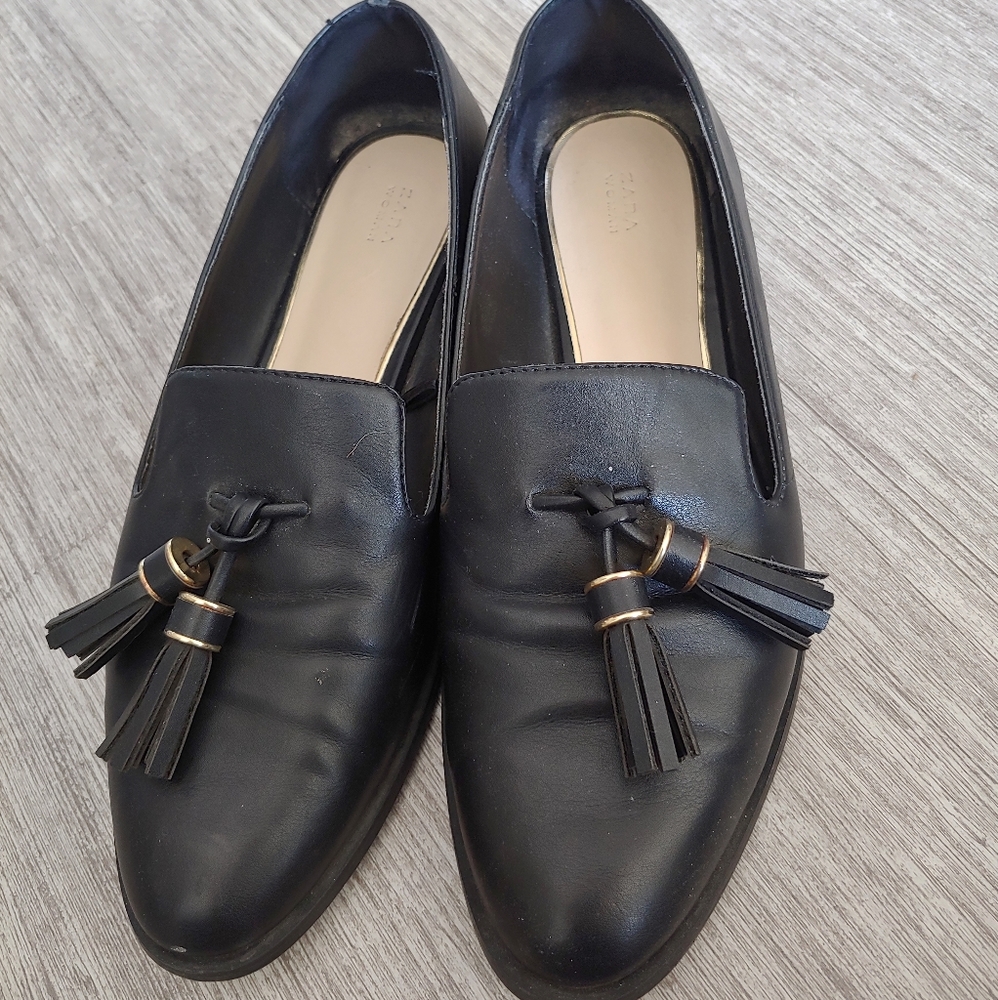 Zara women's black tassel flat loafer shoe size 38